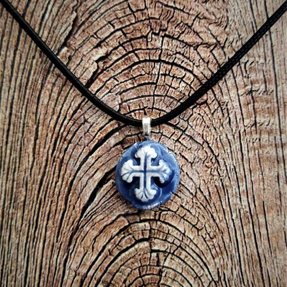 Handmade Ceramic Blue Fleur De Lis Cross Pendant Necklace - Picture 14 of 14